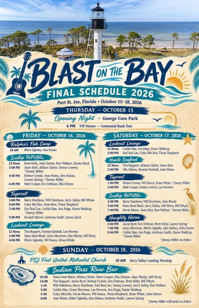 Official final schedule poster: Blast on the Bay Songwriters Festival 2026, four days of songwriter rounds across Port St. Joe venues, October 15–18 2026
