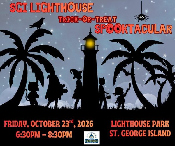 Official flyer: St. George Island Lighthouse Trick-or-Treat Spooktacular, free family Halloween event, October 23 2026, 6:30–8:30 PM