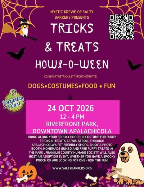 Official flyer: Spooky Pooches Tricks & Treats Howl-O-Ween, Mystic Krewe of Salty Barkers, costumed dogs, October 24 2026, 12–4 PM, Riverfront Park, downtown Apalachicola