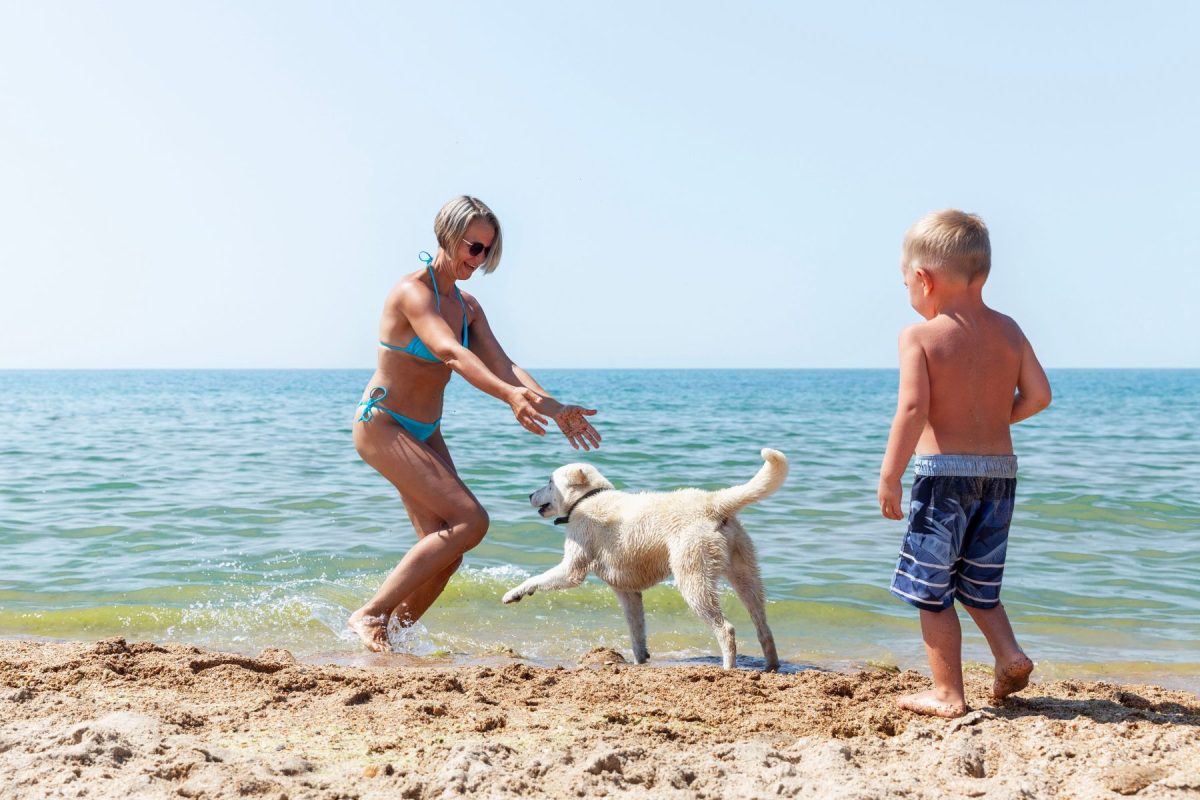 mom and son on the beach with dog